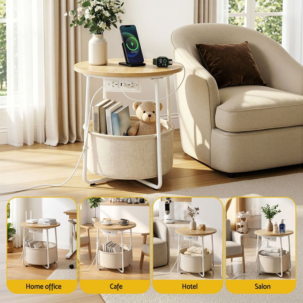 Artiss Round Coffee Table Side End Table Charging Station Storage Basket Bedworld