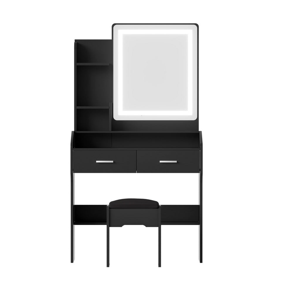 Black dressing table with LED mirror, two drawers, open side shelves, and cushioned stool