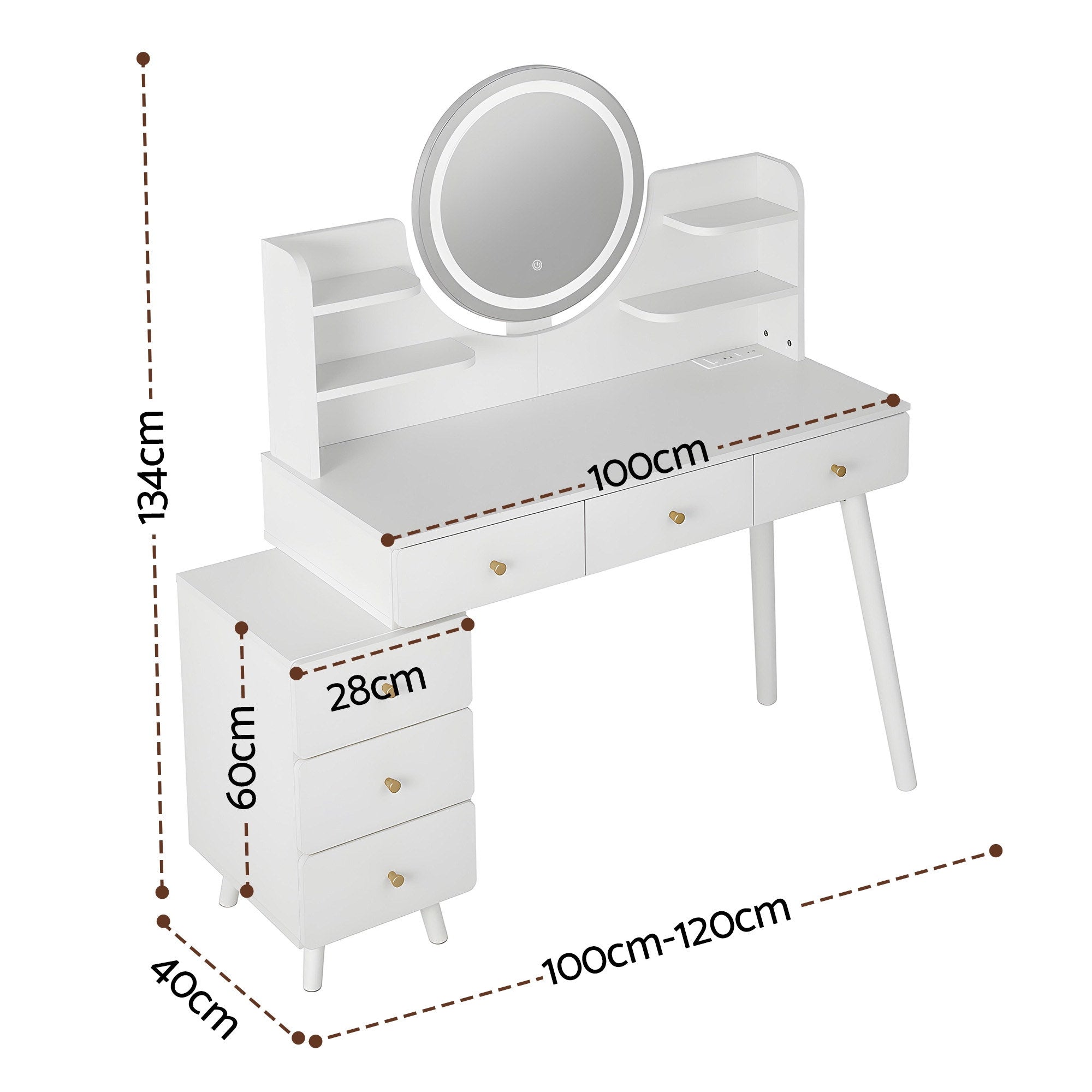 White dressing table vanity with round LED mirror and four-drawer storage, with dimensions