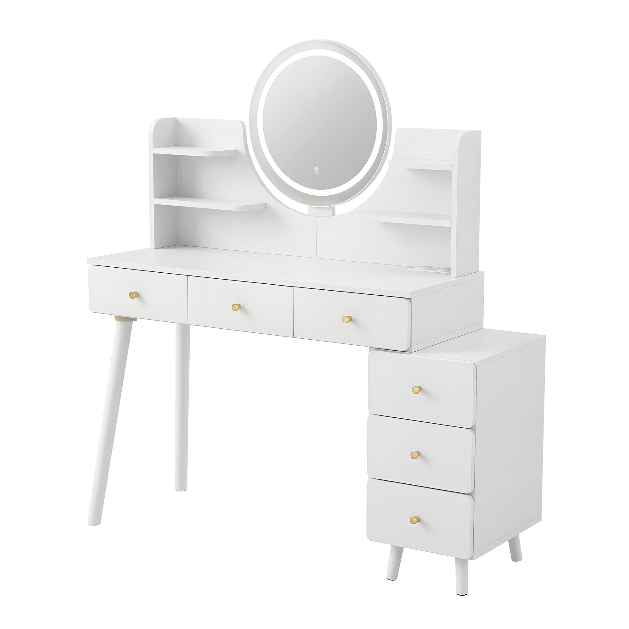 White dressing table vanity with round LED mirror, open shelves, and drawers