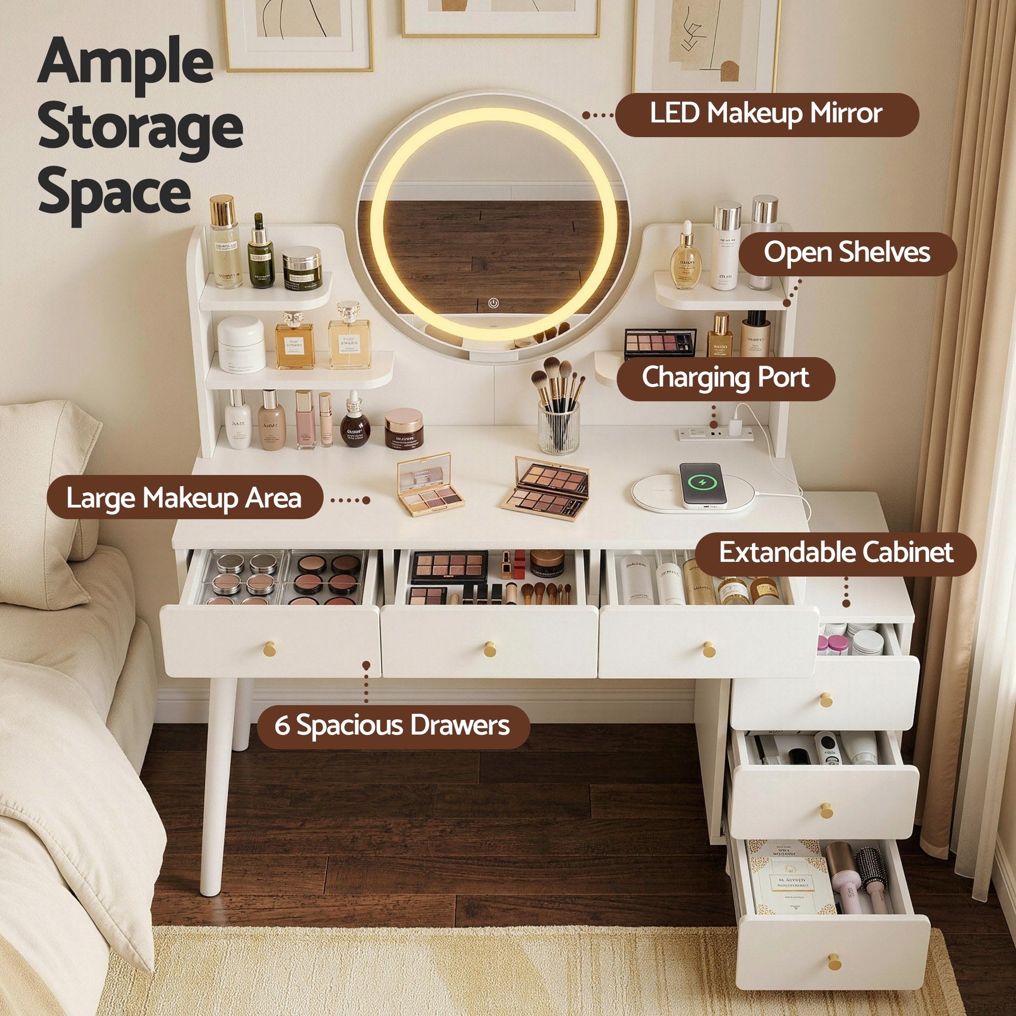 White dressing table vanity with round LED mirror, drawers, and built-in charging station