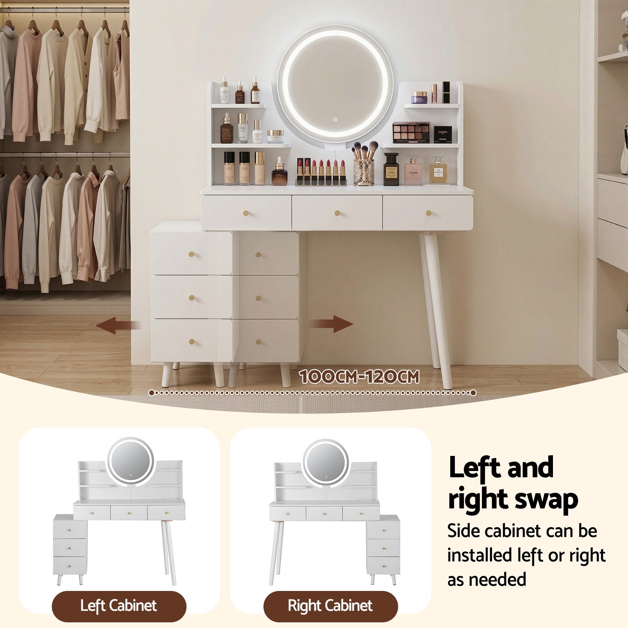 White dressing table vanity with round LED mirror and side cabinets for left or right