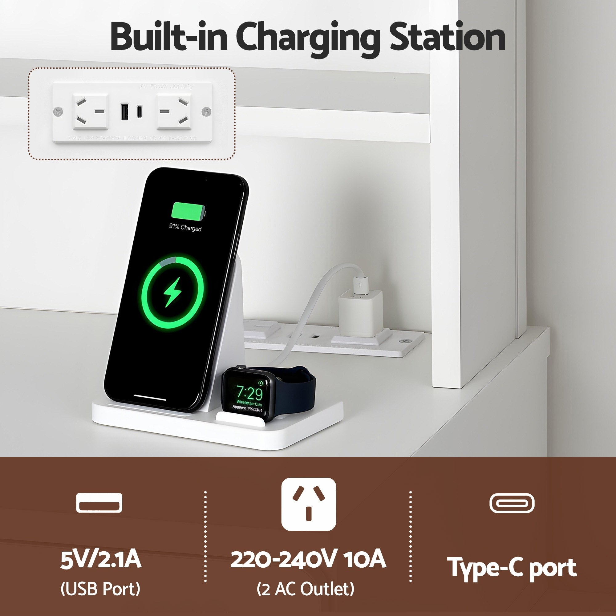 White built-in charging station for dressing table with USB and Type-C ports