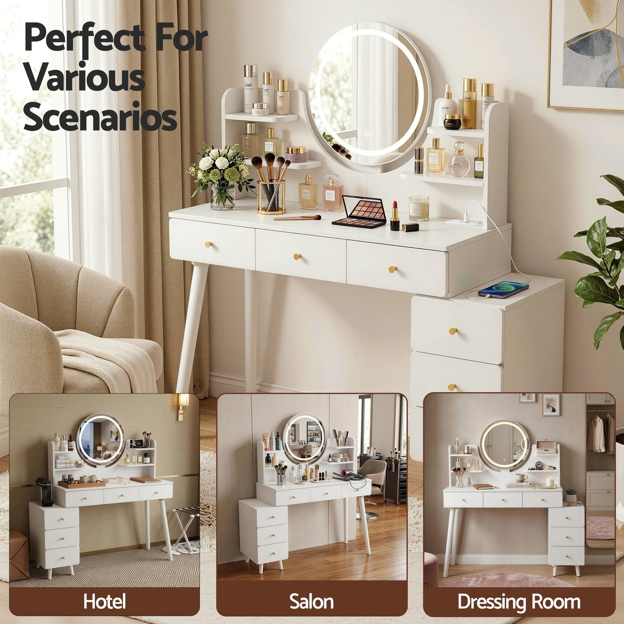 White dressing table vanity with round LED mirror, drawers, and storage shelves