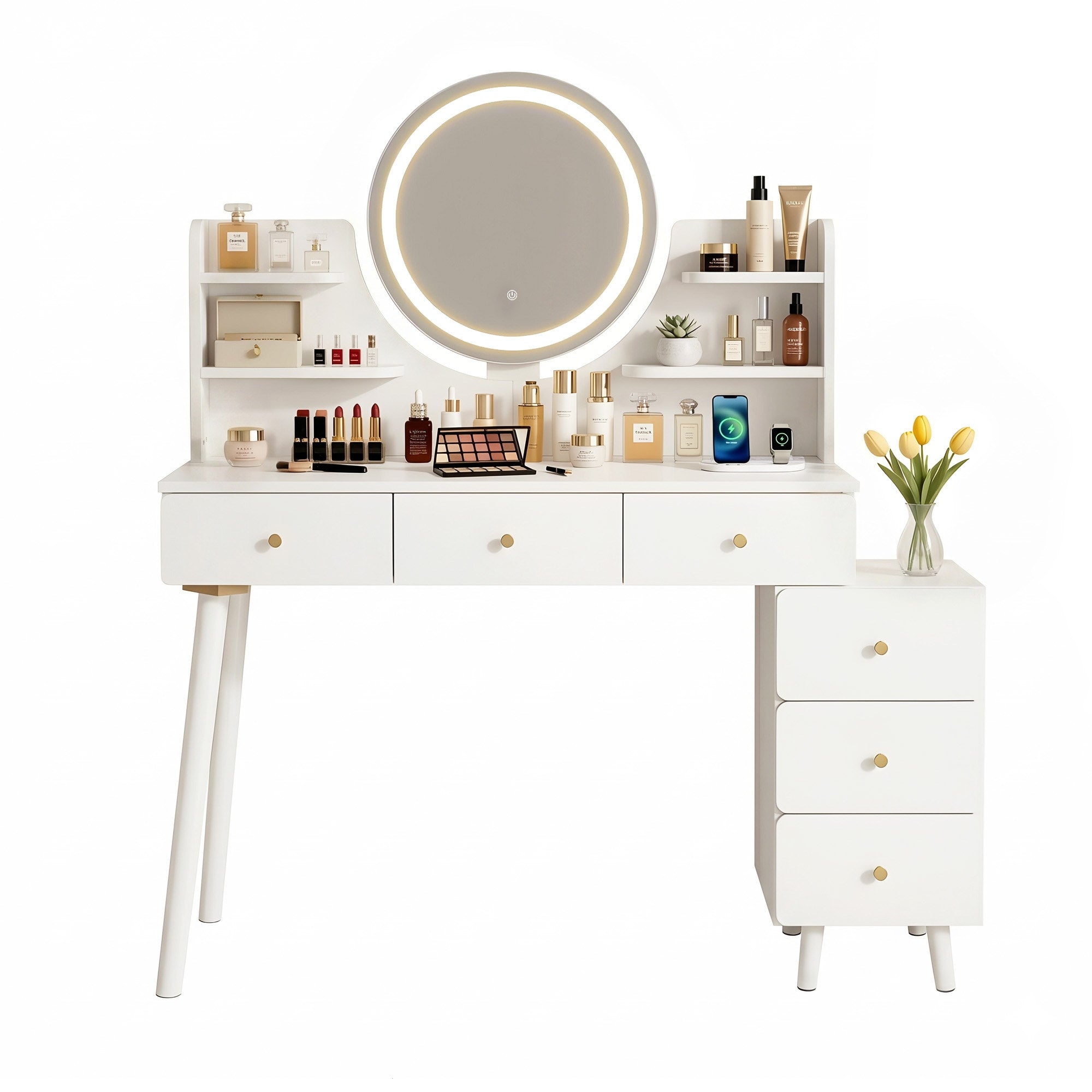 White dressing table vanity desk with round LED mirror, shelving, and drawers