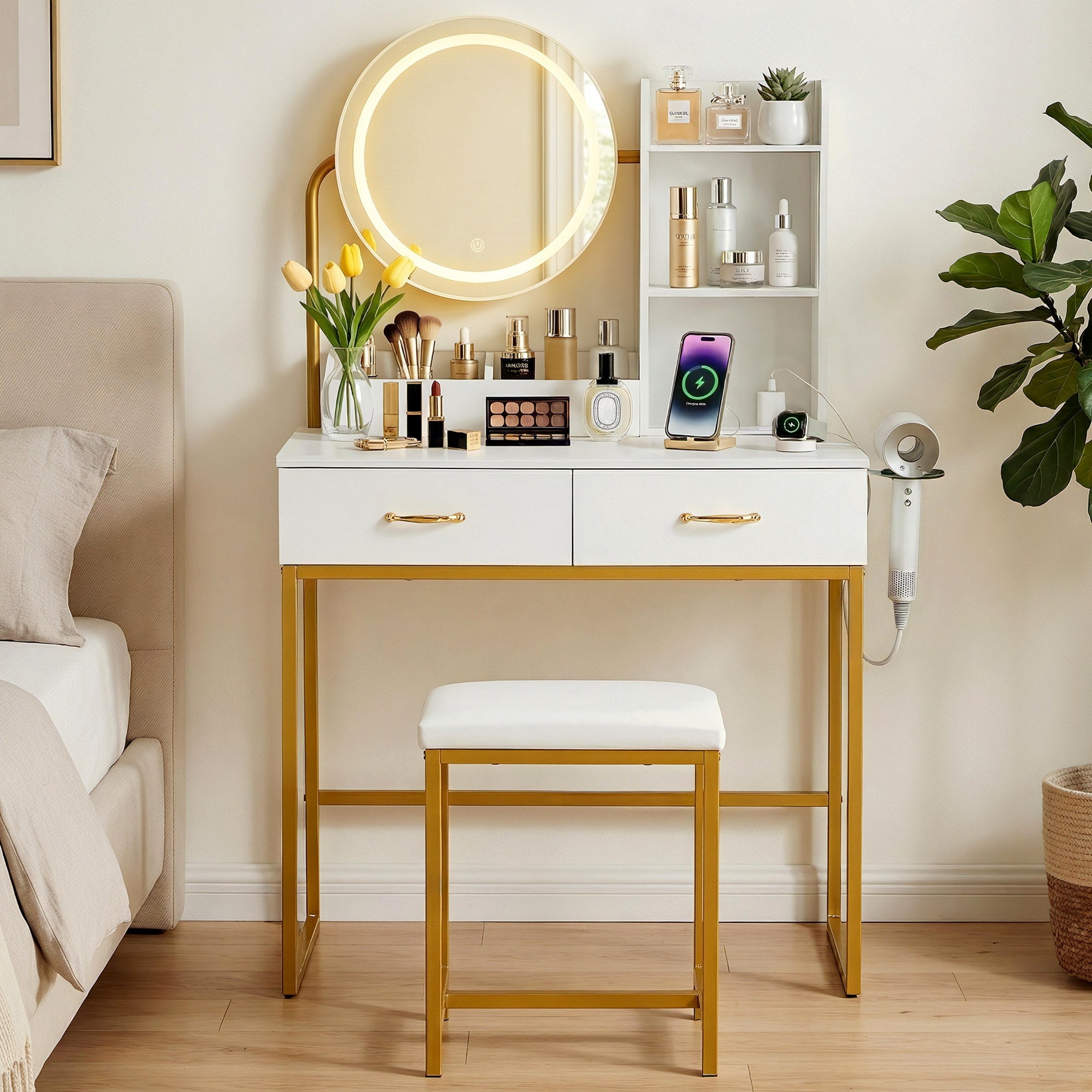 Artiss Dressing Table Vanity Desk Set Stool LED Charging Station White Bedworld
