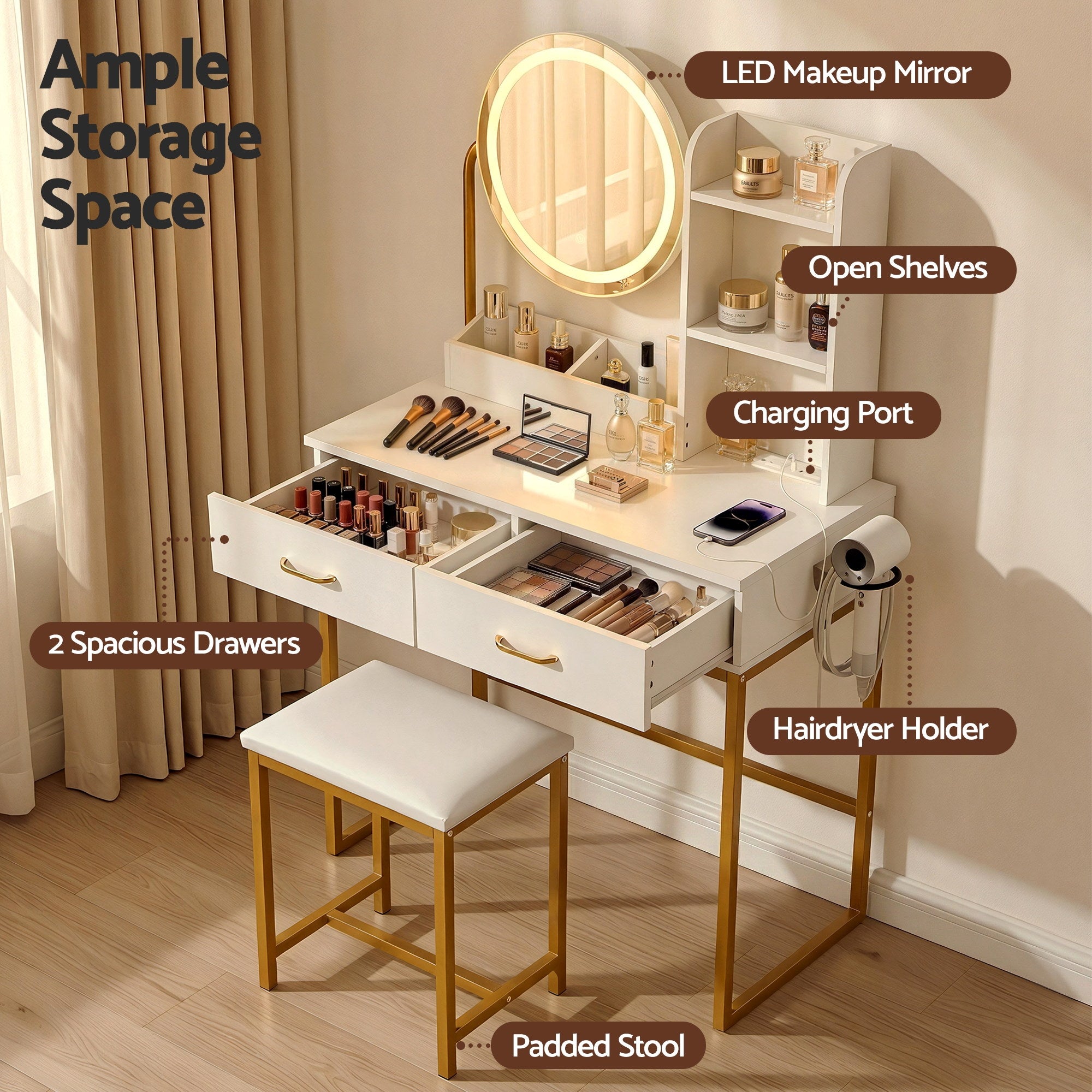 Artiss Dressing Table Vanity Desk Set Stool LED Charging Station White Bedworld