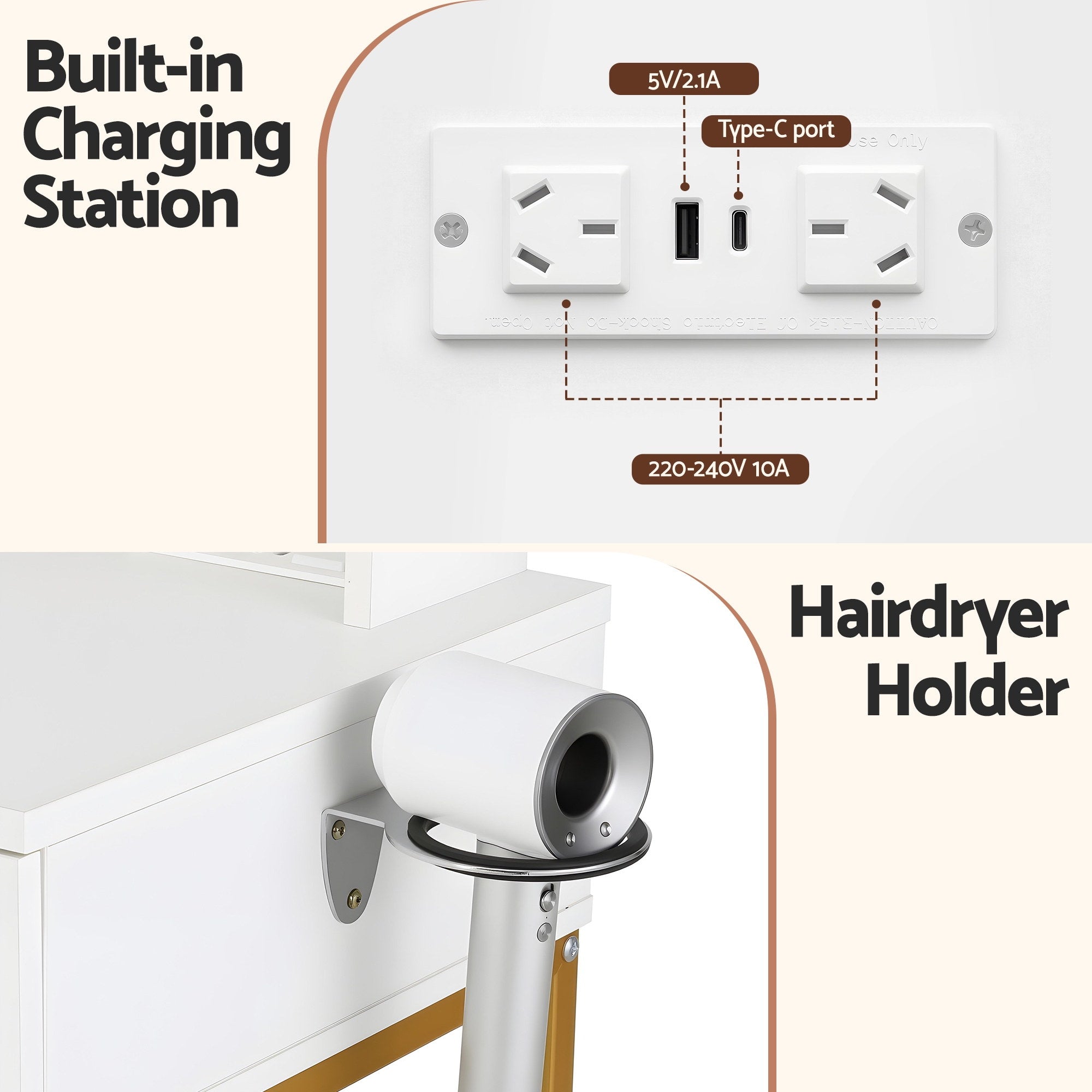 Artiss Dressing Table Vanity Desk Set Stool LED Charging Station White Bedworld