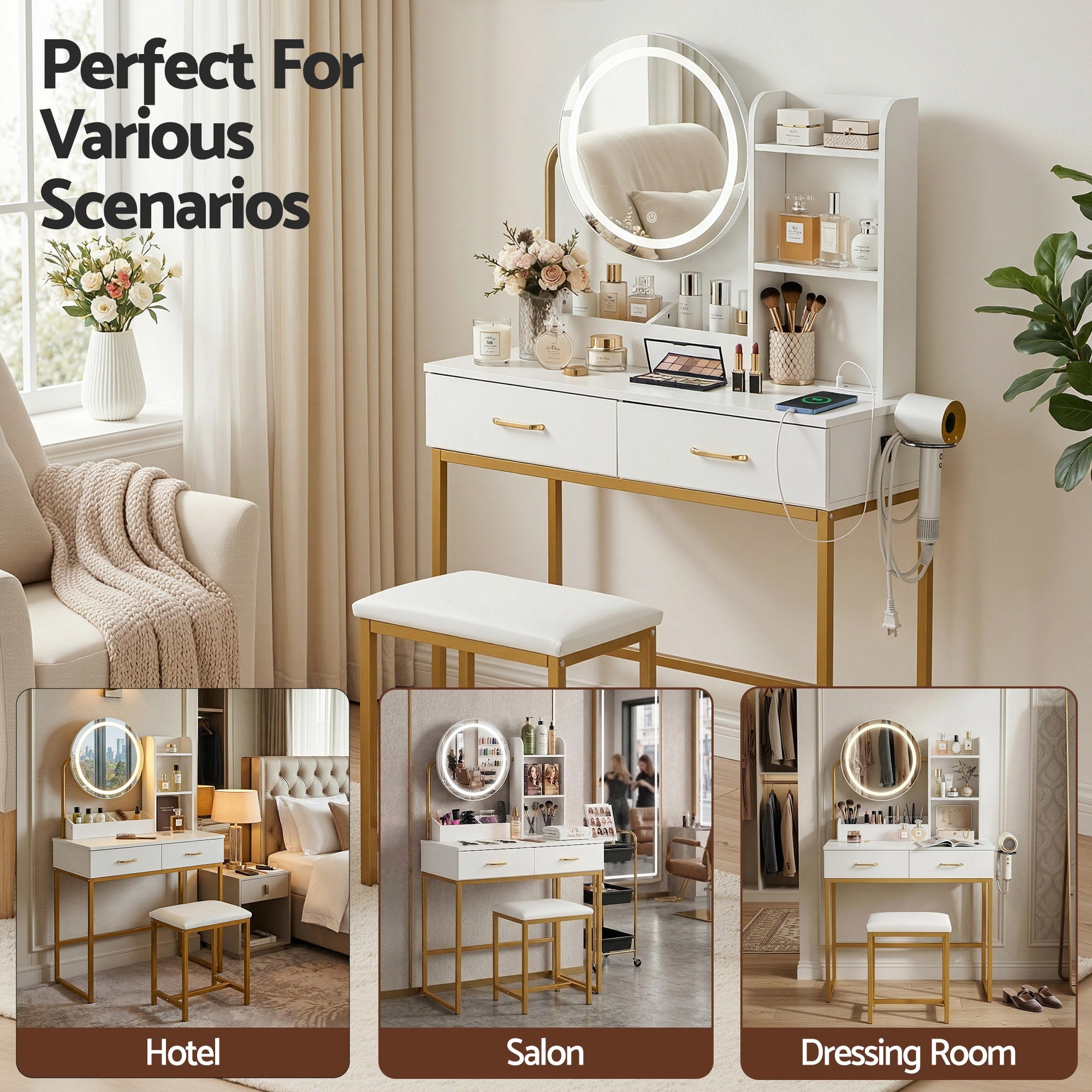 Artiss Dressing Table Vanity Desk Set Stool LED Charging Station White Bedworld