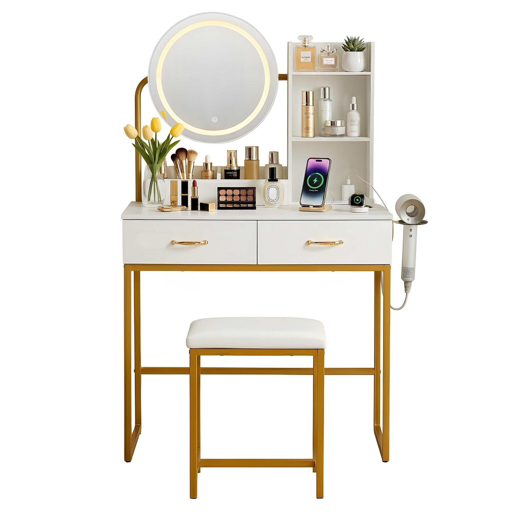 Artiss Dressing Table Vanity Desk Set Stool LED Charging Station White Bedworld
