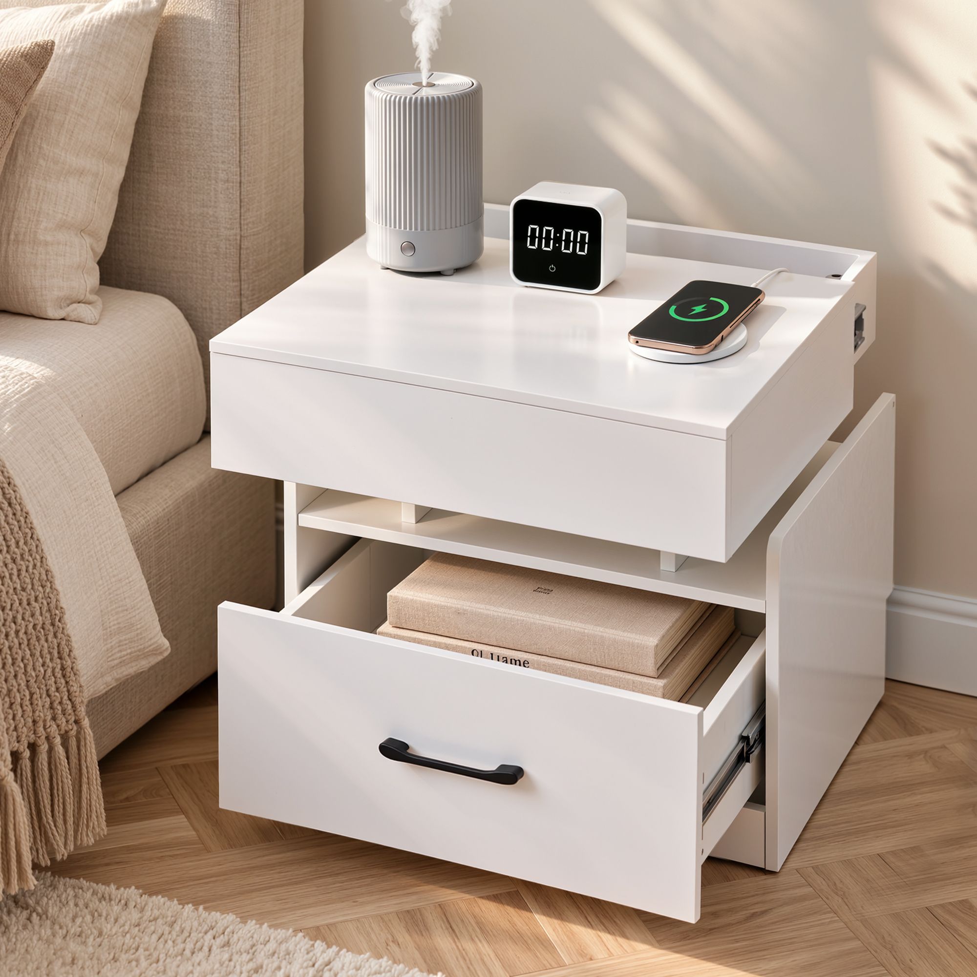 Artiss Bedside Table with Charging Station Drawer Sliding Top Nightstand White Bedworld