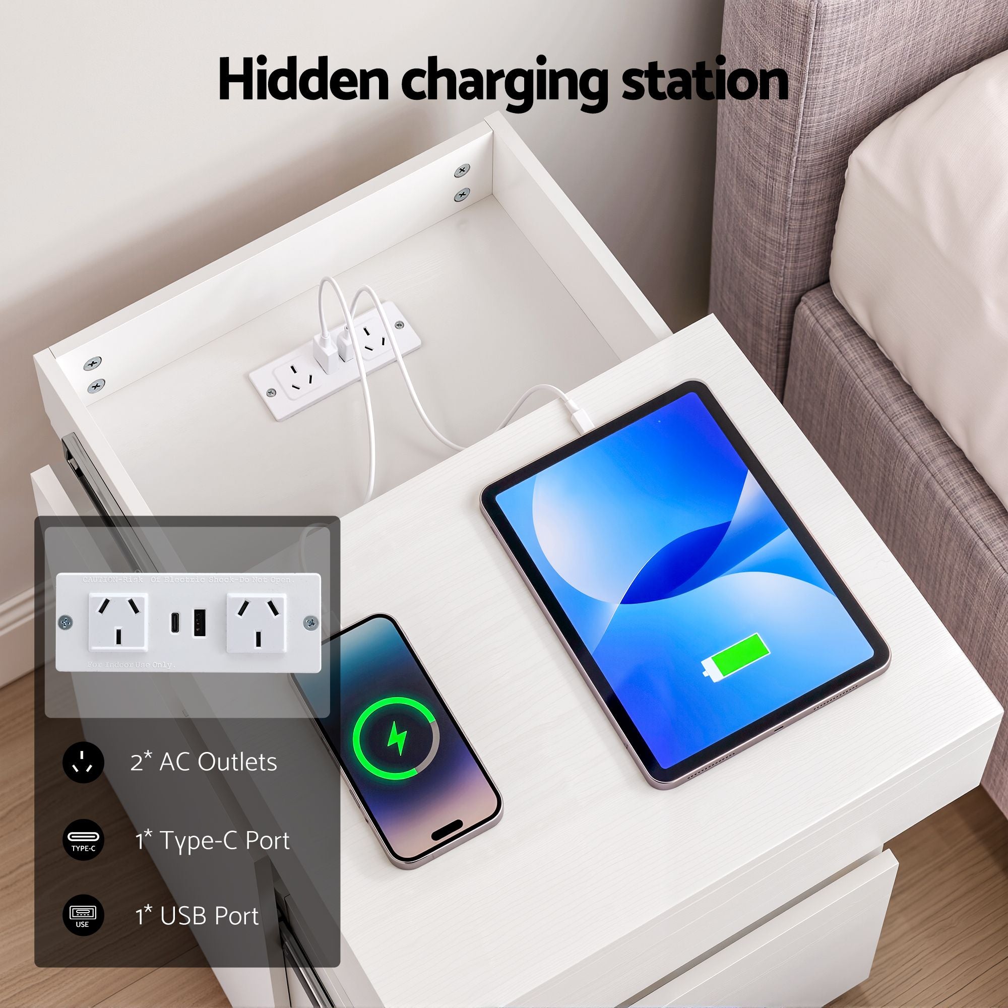 Artiss Bedside Table with Charging Station Drawer Sliding Top Nightstand White Bedworld