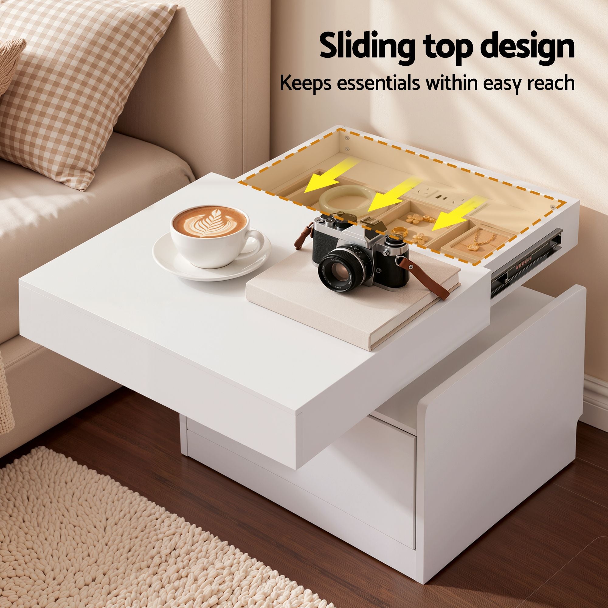 Artiss Bedside Table with Charging Station Drawer Sliding Top Nightstand White Bedworld