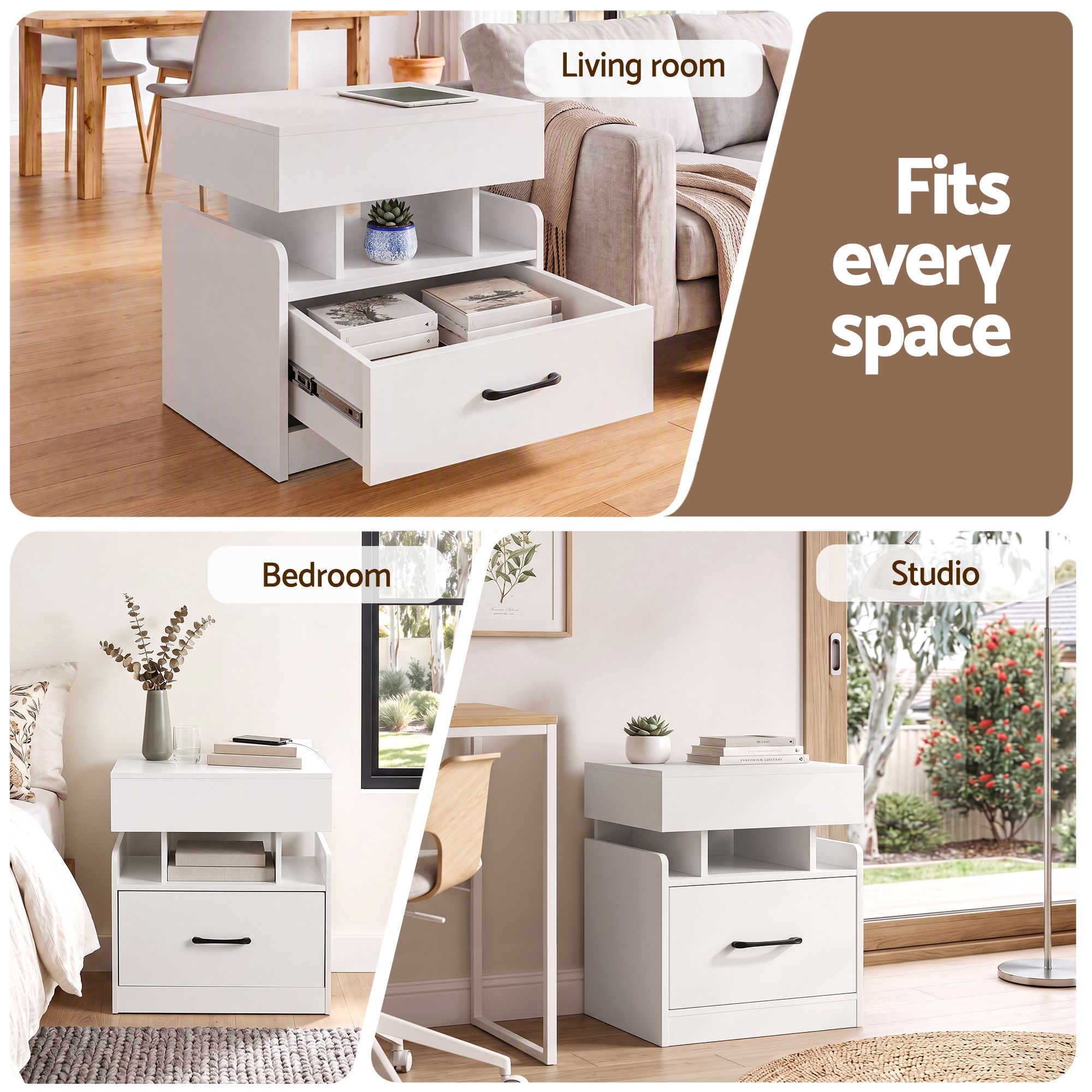 Artiss Bedside Table with Charging Station Drawer Sliding Top Nightstand White Bedworld