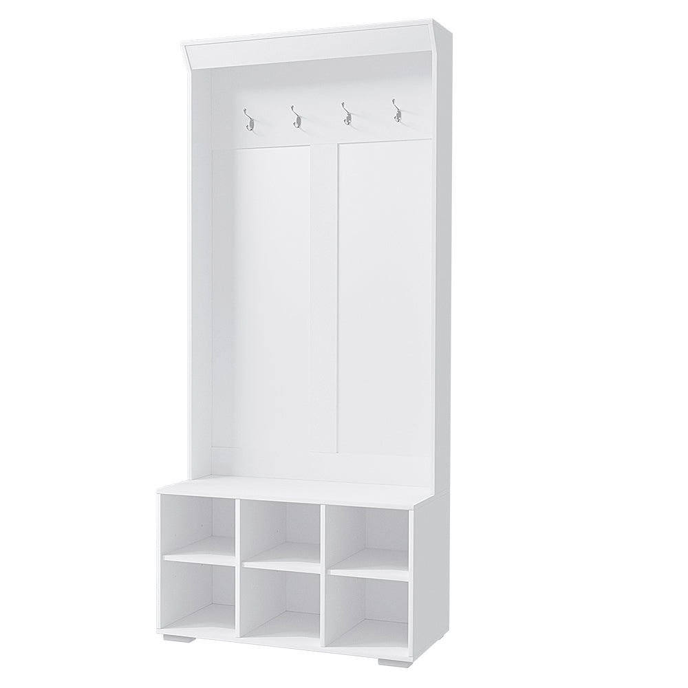 White hall tree shoe rack cabinet with 4 coat hooks and open shoe storage cubbies