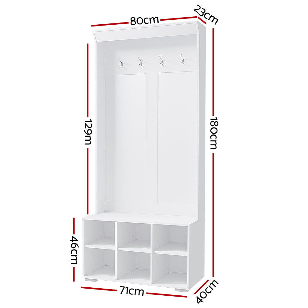 White hall tree shoe rack cabinet with coat hooks, bench top, and open shoe cubbies