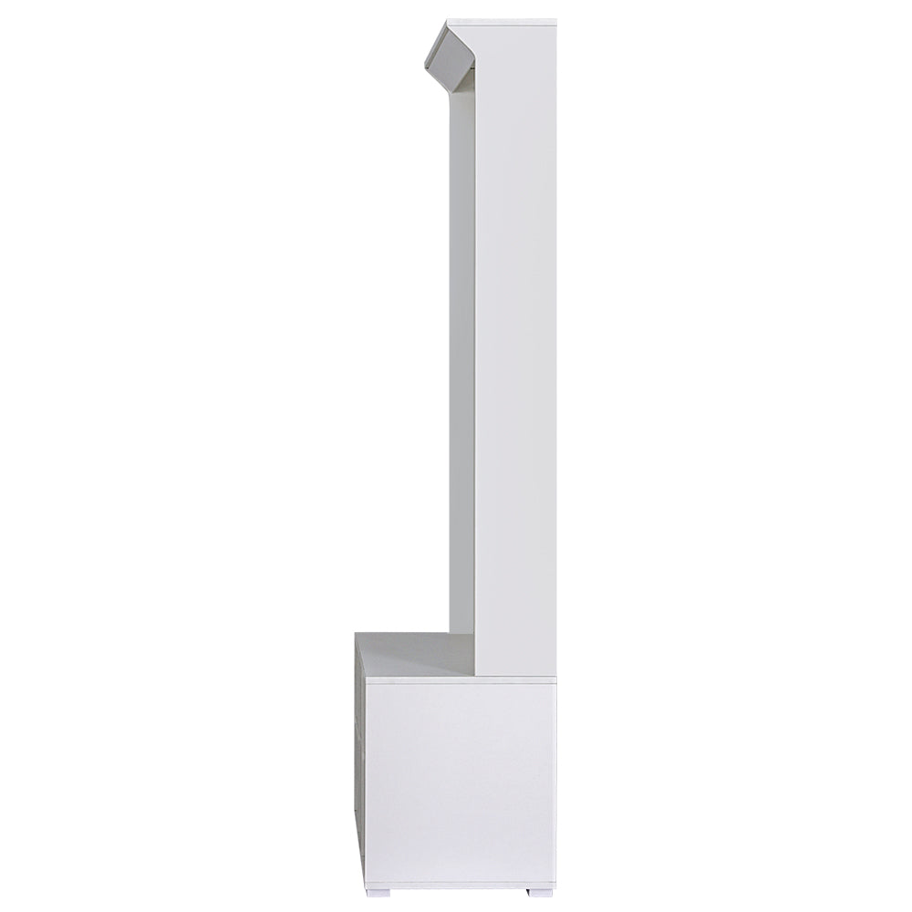 White hall tree coat rack cabinet with lower storage base and side panel detail