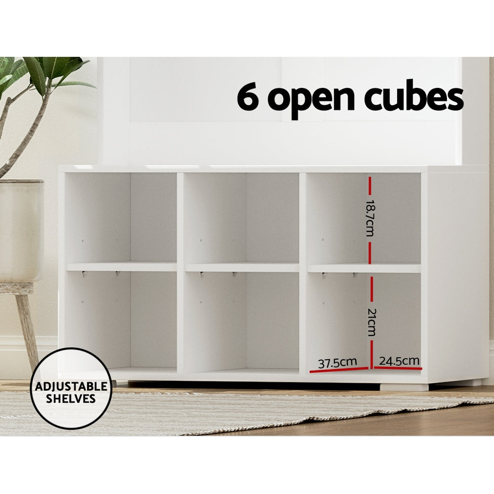White hall tree shoe rack with 6 open cubes and adjustable shelves