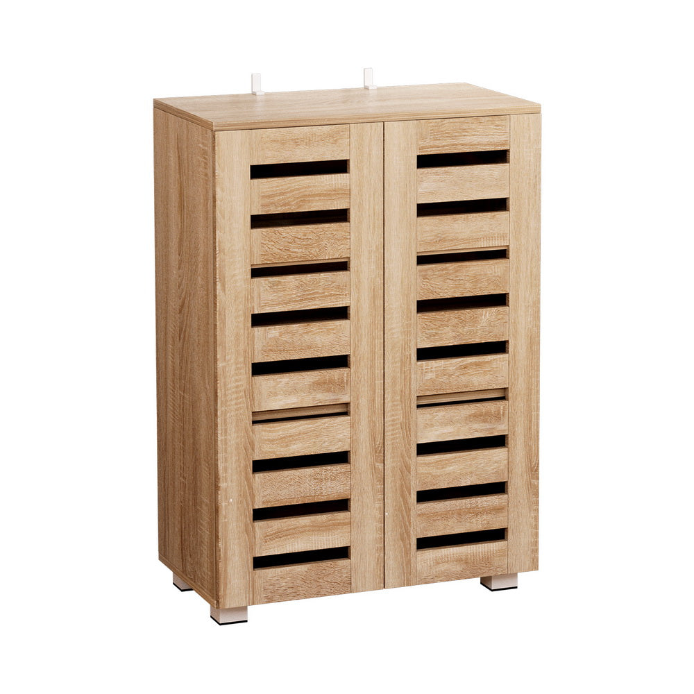 Wood shoe rack cabinet with two doors and five-tier open shelves in light oak.