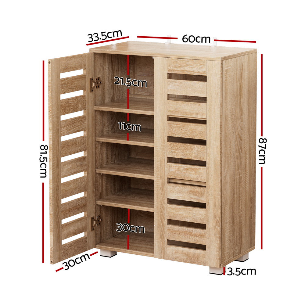 Wood shoe cabinet with five-tier shelving, shown with overall size dimensions.