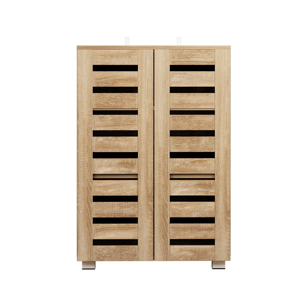 Wood shoe rack cabinet with two front doors and five-tier open shoe shelves.