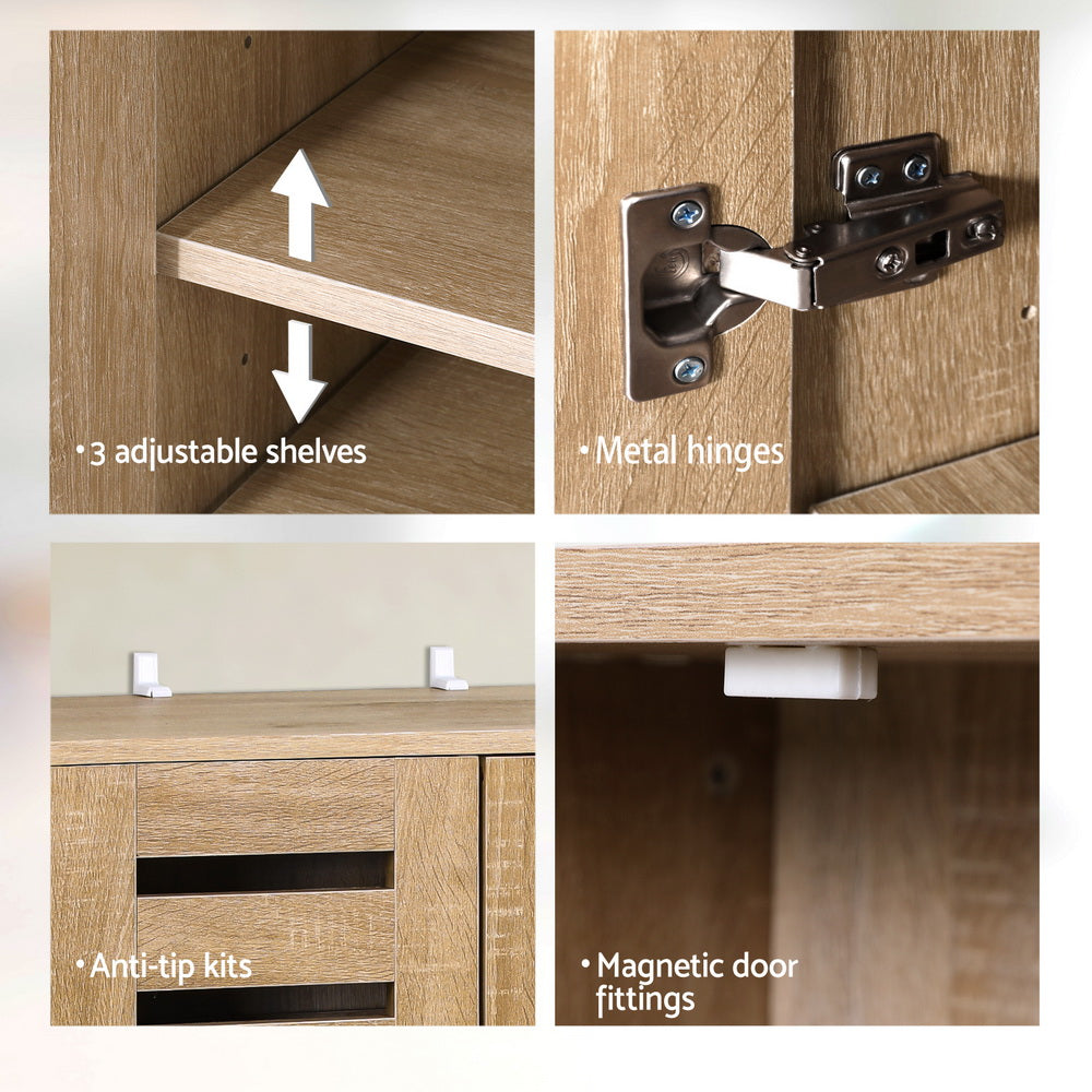 Wood shoe cabinet hardware close-up: metal hinges, anti-tip kits, magnetic door fittings.