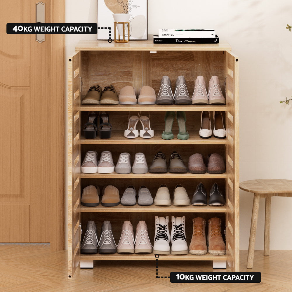 Wood shoe rack cabinet with open doors and five interior shelves for shoe storage.