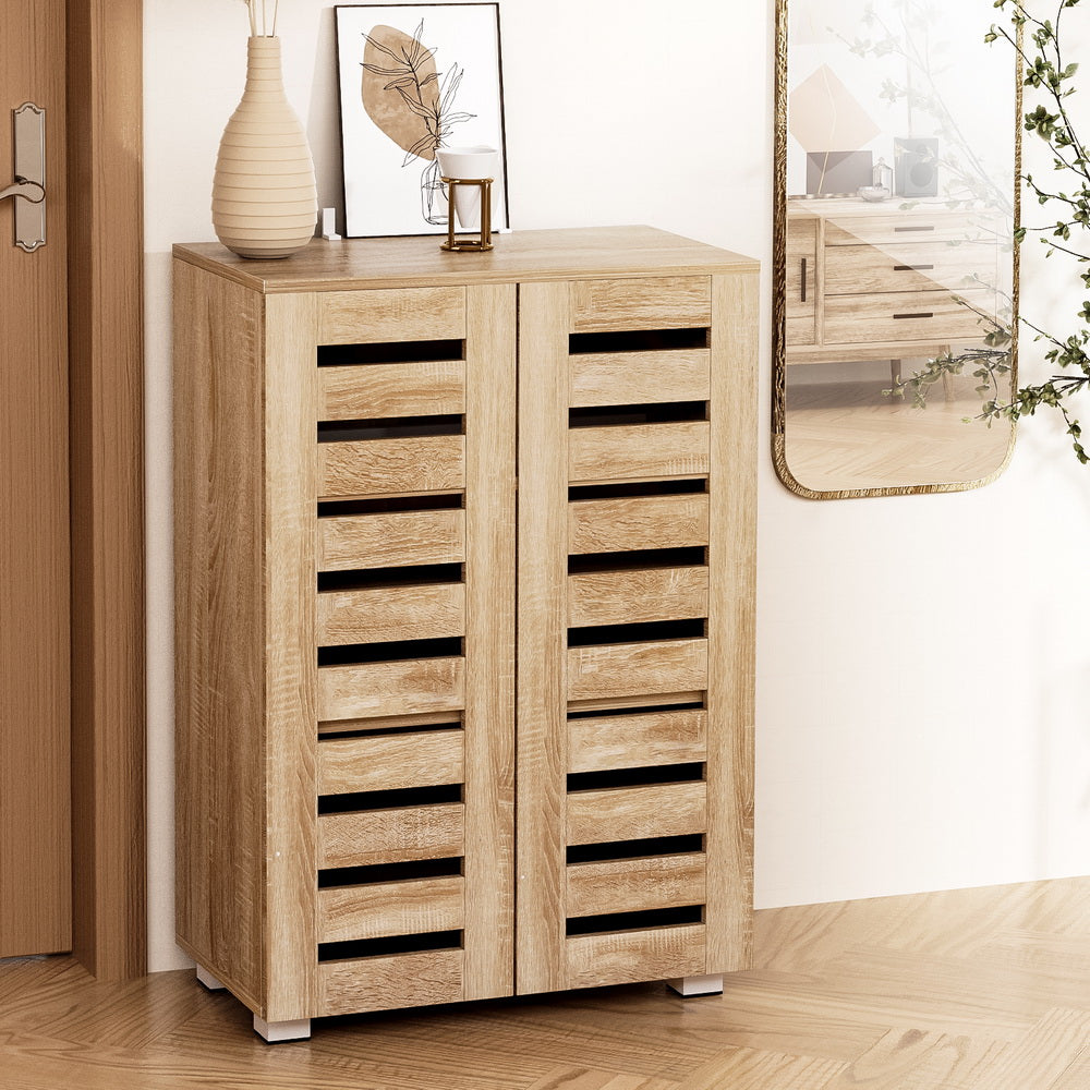 Light oak shoe rack cabinet with two doors and five-tier open shelves, front angle view.