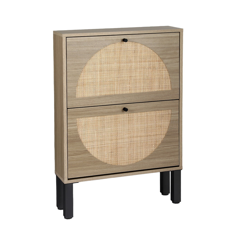 Shoe rack cabinet with two drawers and rattan-style fronts, light wood tone