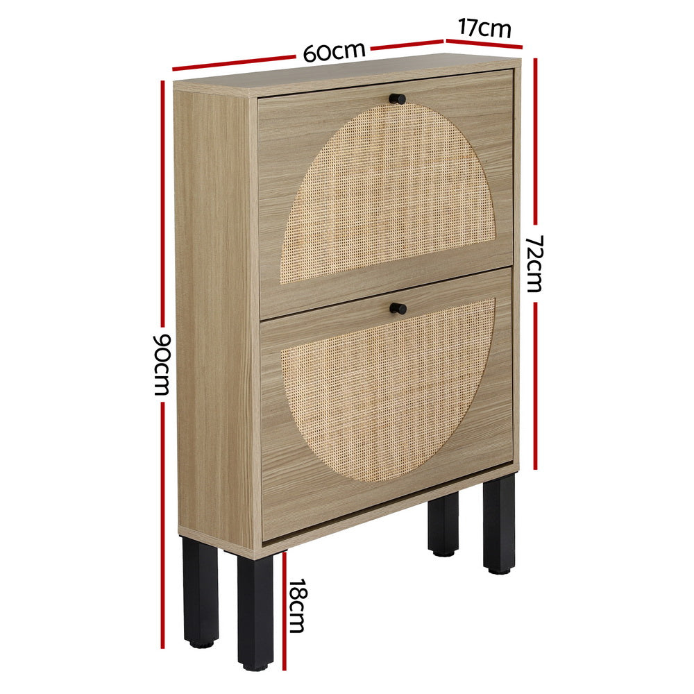 Shoe rack cabinet with two rattan-front drawers, black tapered legs, light wood