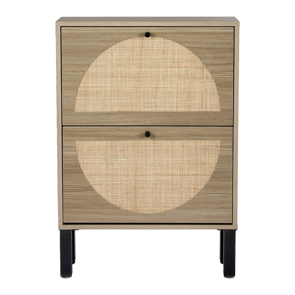 Shoe rack cabinet with two drawers and rattan-style inserts, light wood