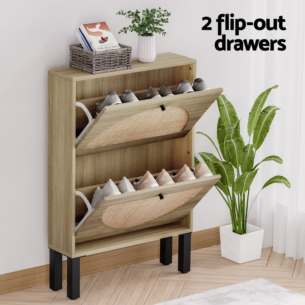 Shoe rack cabinet with two flip-out drawers and rattan-style inserts, shown open