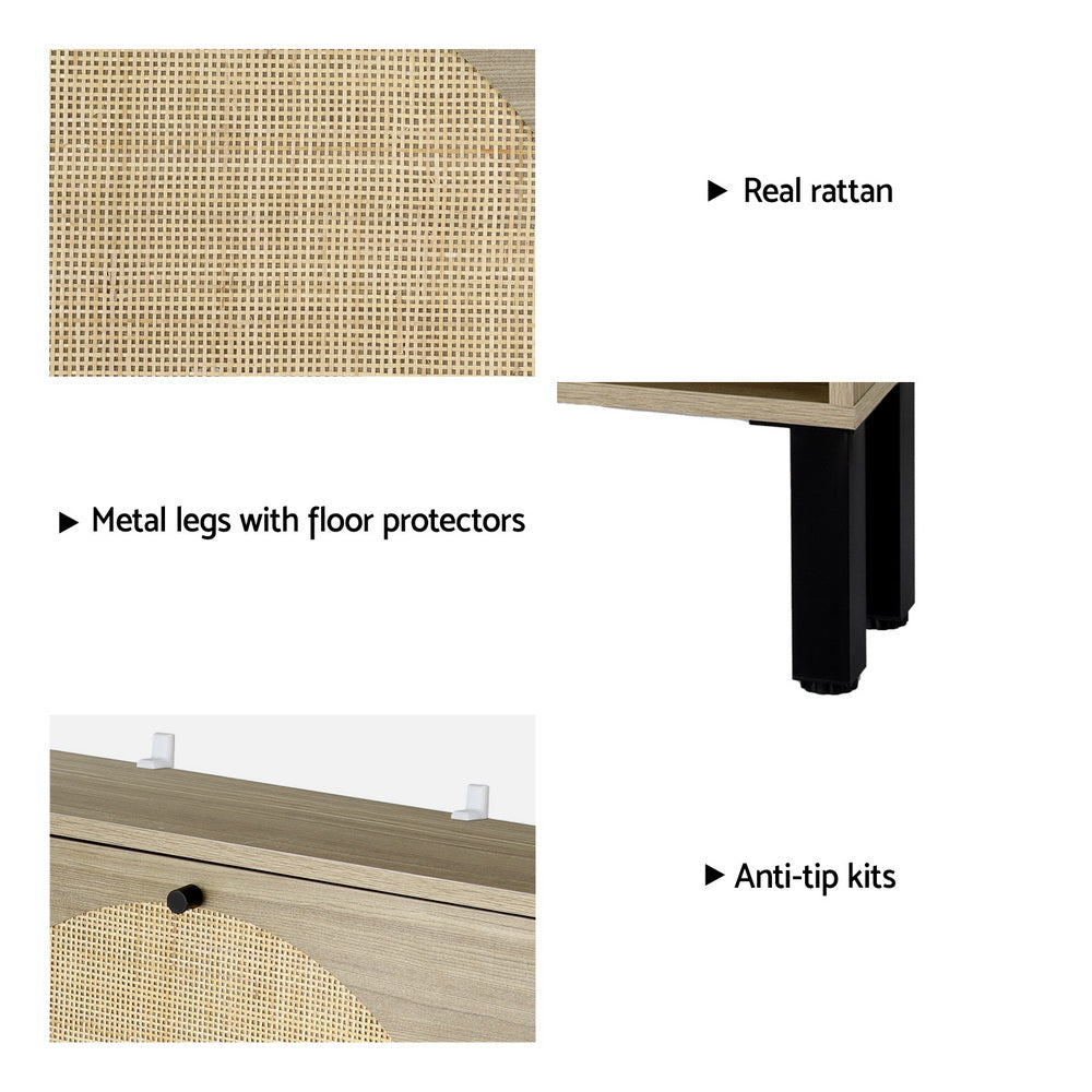 Shoe rack cabinet detail: rattan front with metal legs and floor protectors