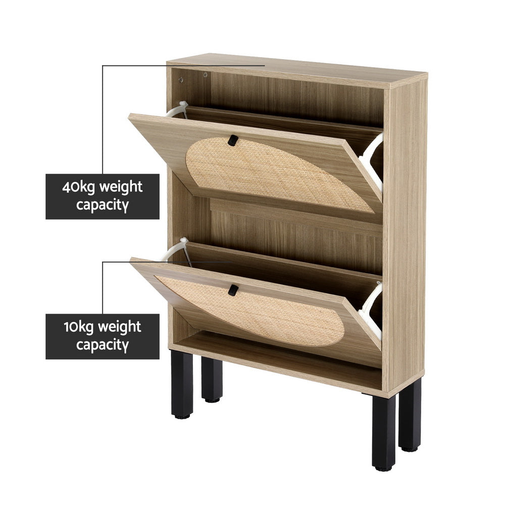Shoe rack cabinet with two open flip-out drawers and rattan-style inserts