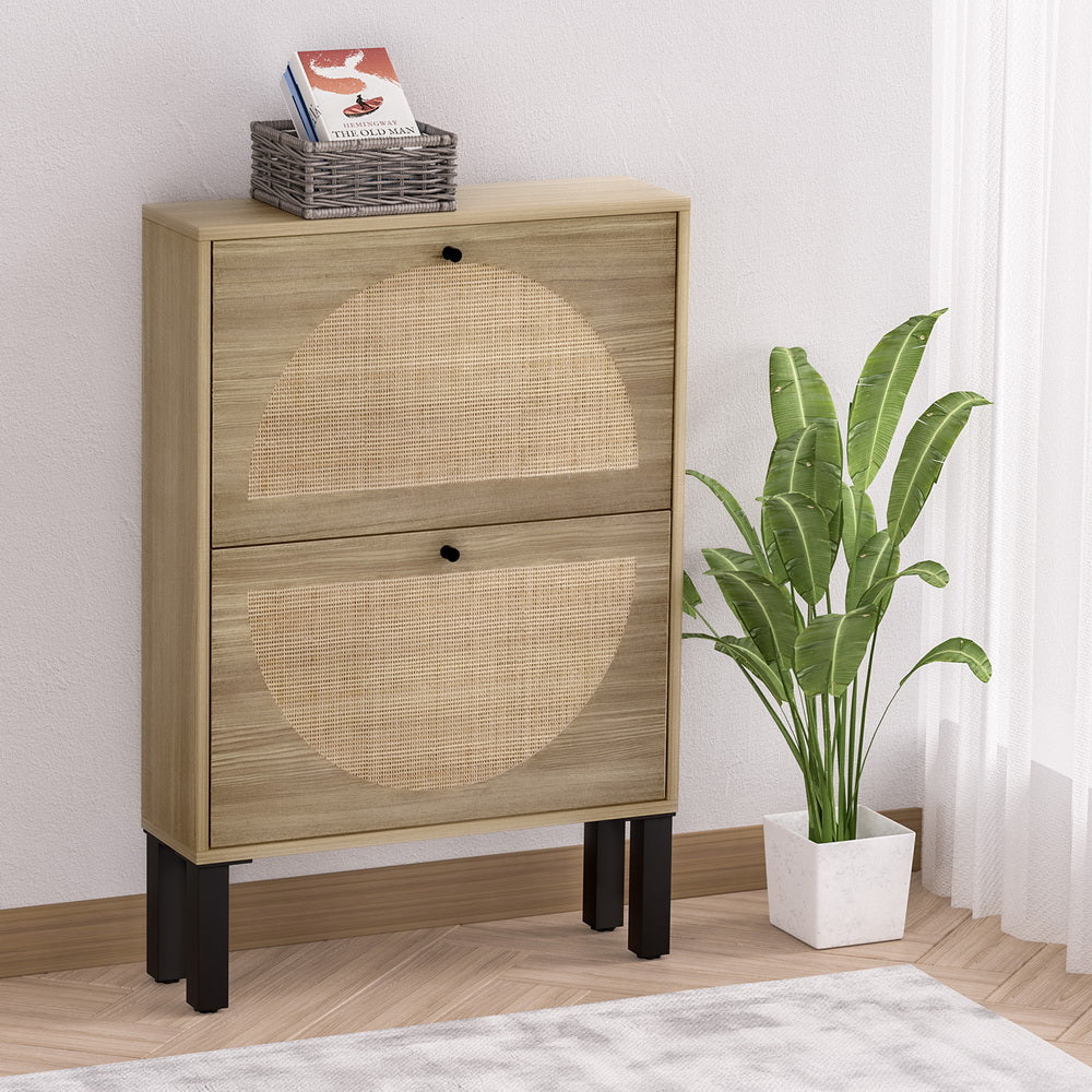 Shoe rack cabinet with two drawers and rattan-style inserts, light wood, black legs