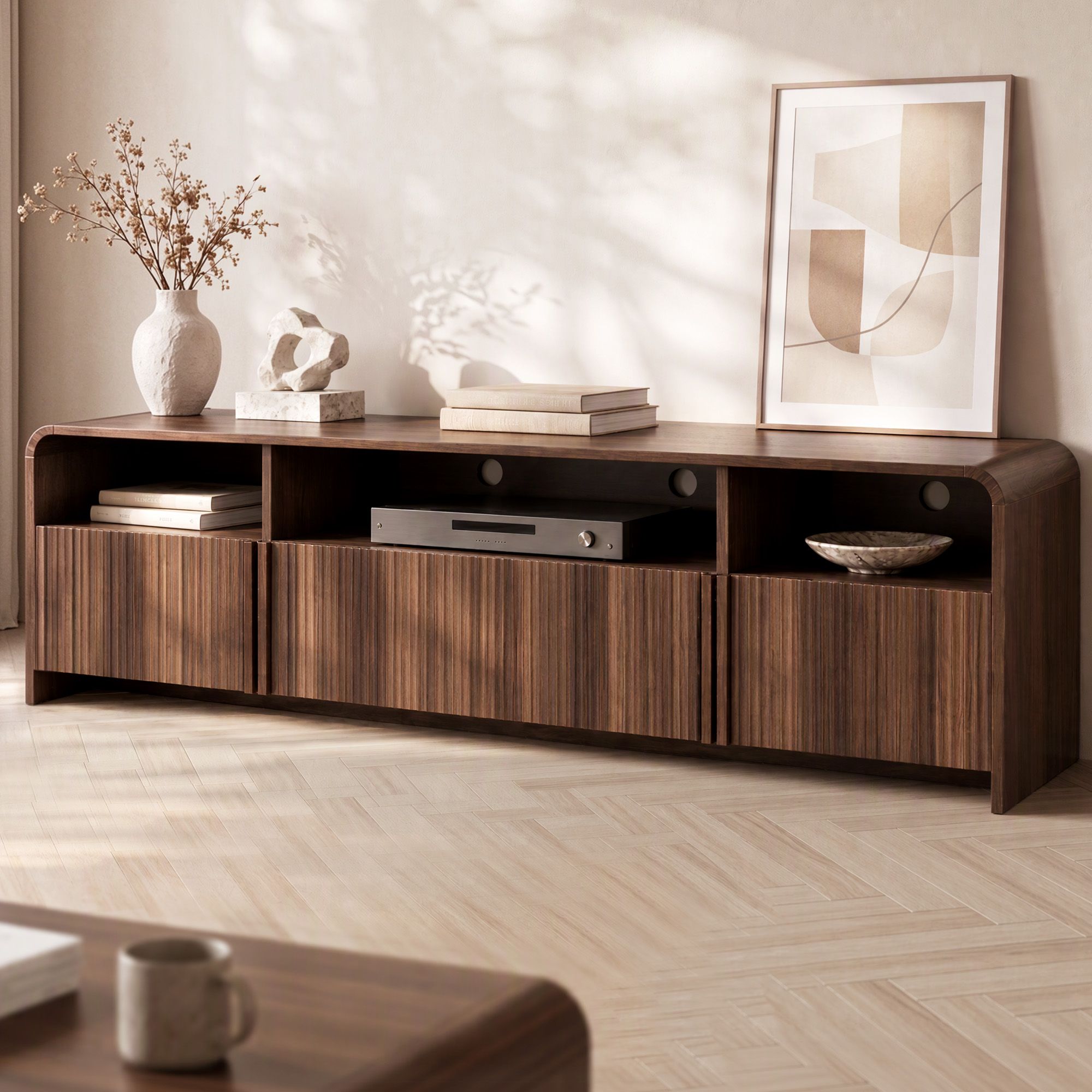 Artiss 180cm TV Unit Storage Cabinet Shelf Fluted Front Rounded Edge Anti-tip Kit Walnut Bedworld