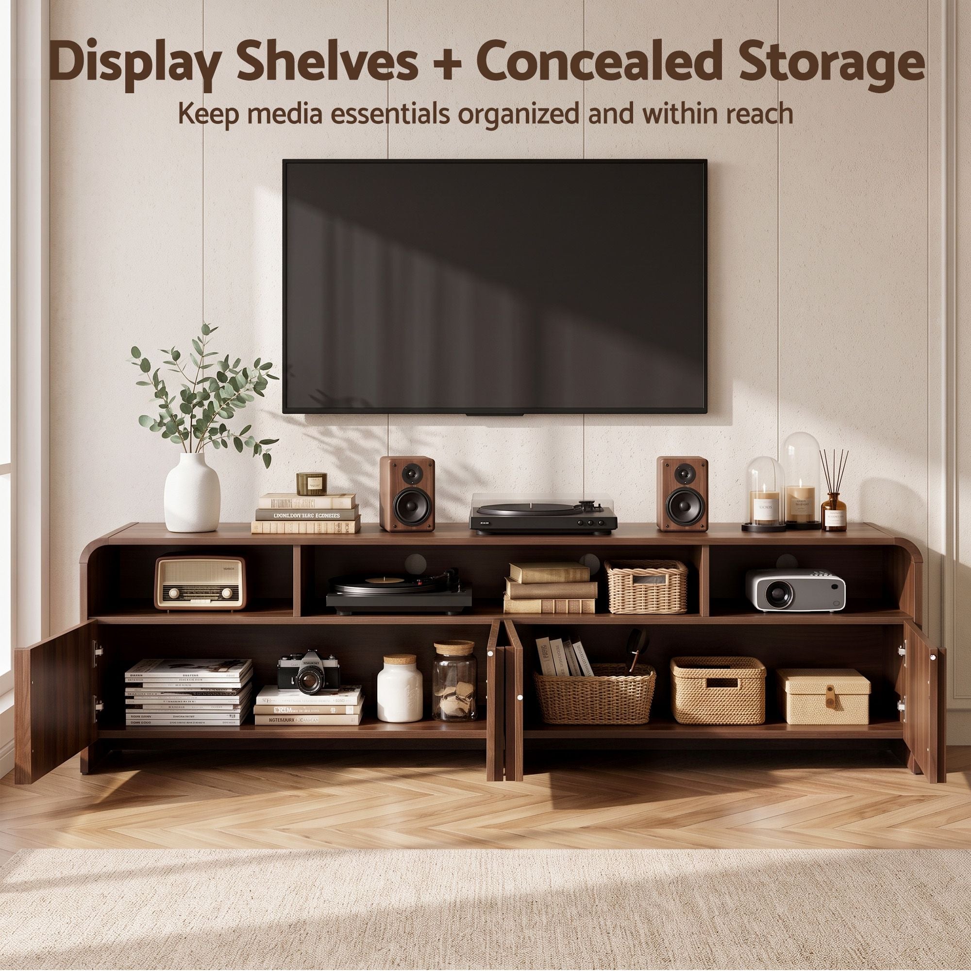 Artiss 180cm TV Unit Storage Cabinet Shelf Fluted Front Rounded Edge Anti-tip Kit Walnut Bedworld