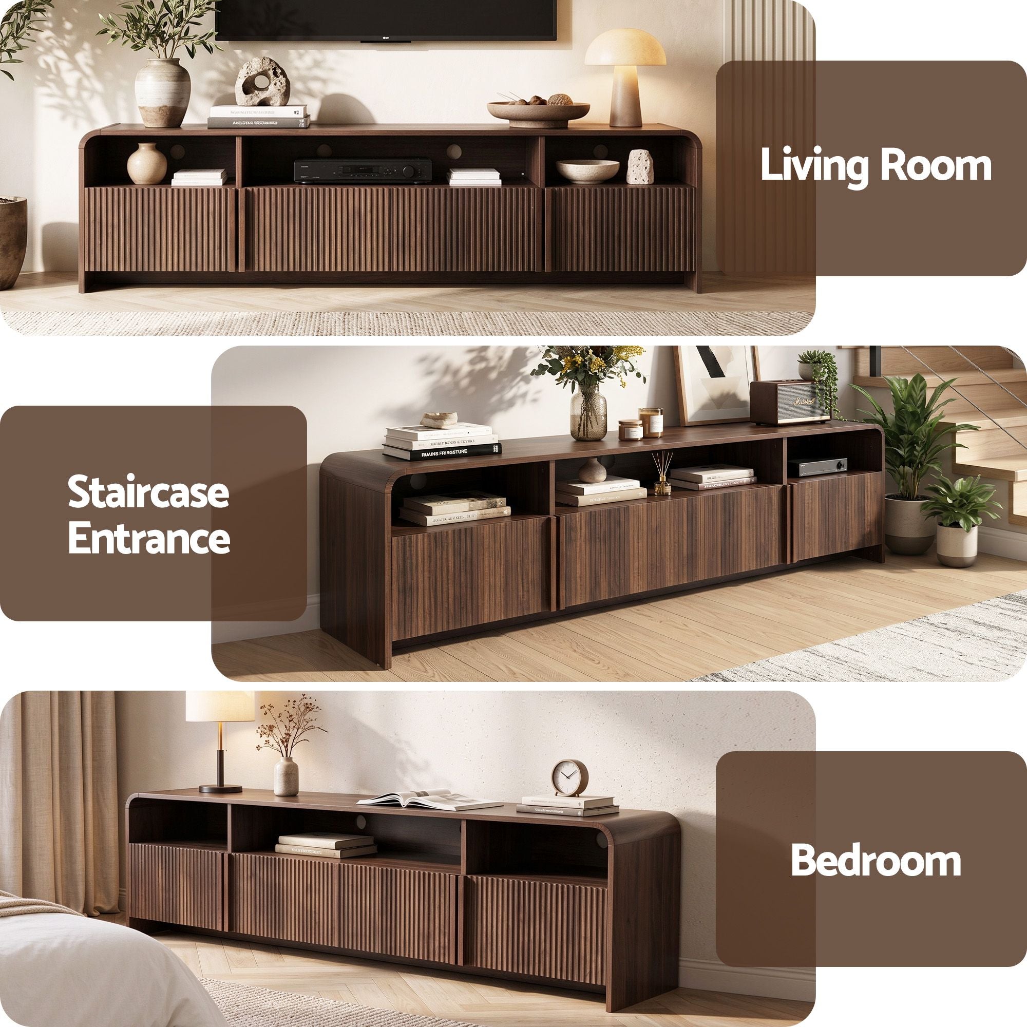 Artiss 180cm TV Unit Storage Cabinet Shelf Fluted Front Rounded Edge Anti-tip Kit Walnut Bedworld