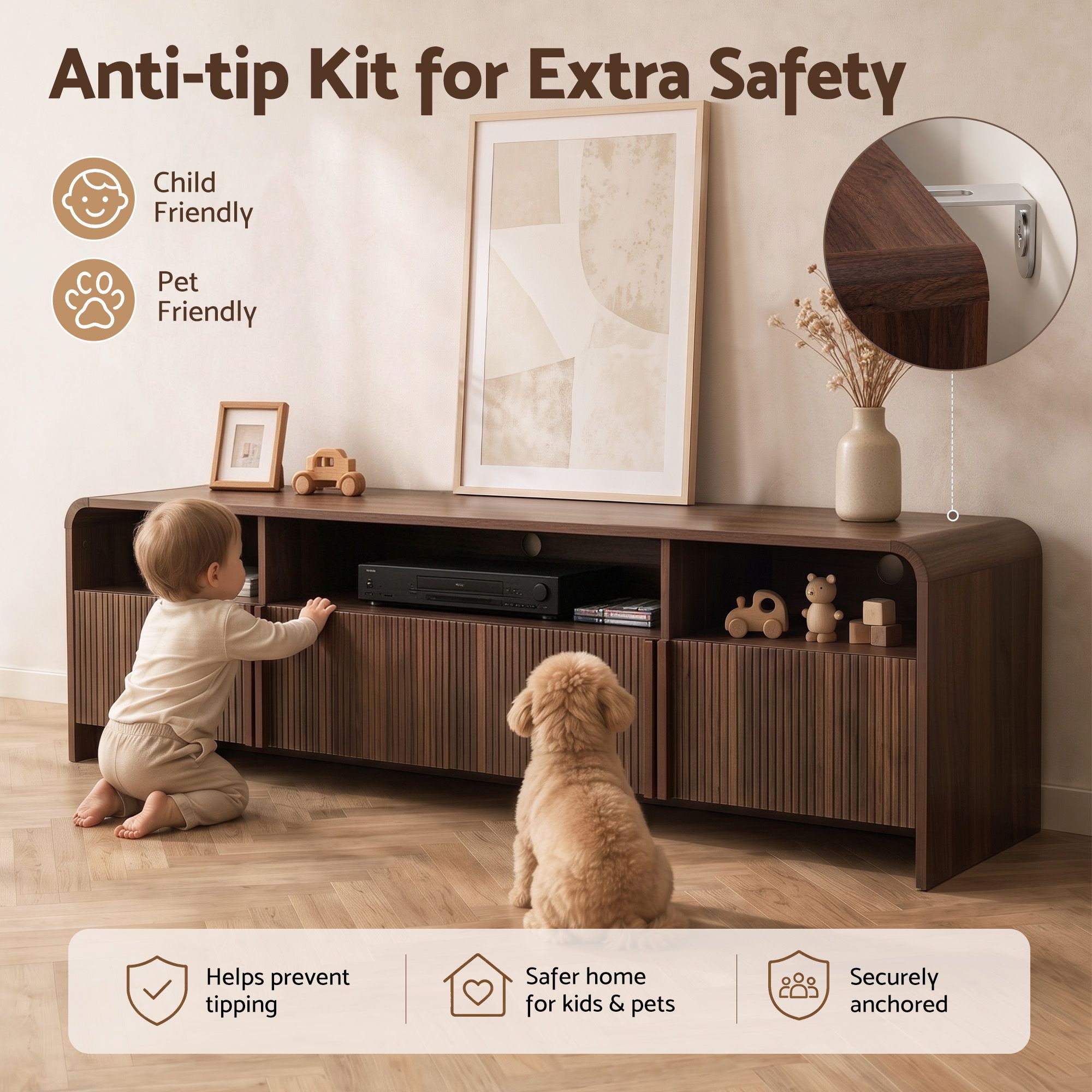 Artiss 180cm TV Unit Storage Cabinet Shelf Fluted Front Rounded Edge Anti-tip Kit Walnut Bedworld