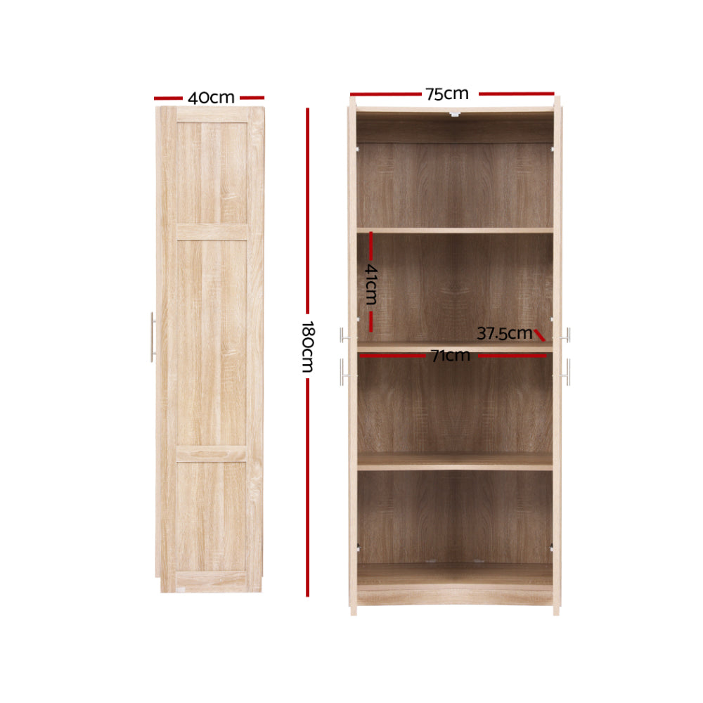 Two-door cabinet with open interior shelves and adjustable shelf measurements