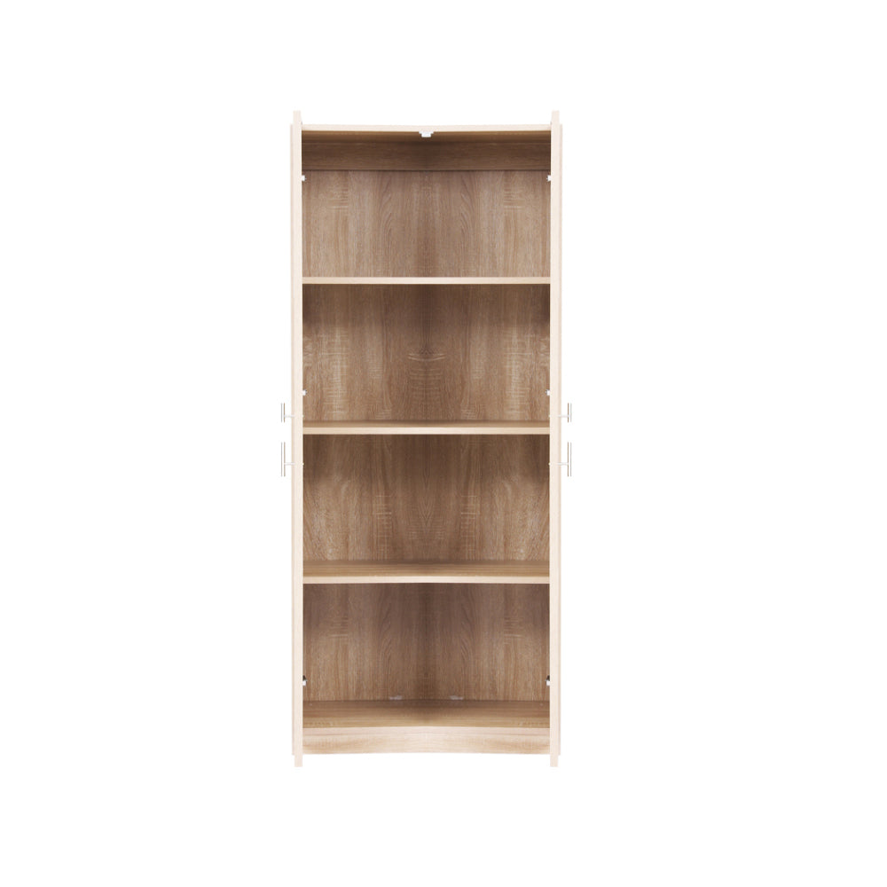 Light oak cabinet interior with four shelves and side door hinges