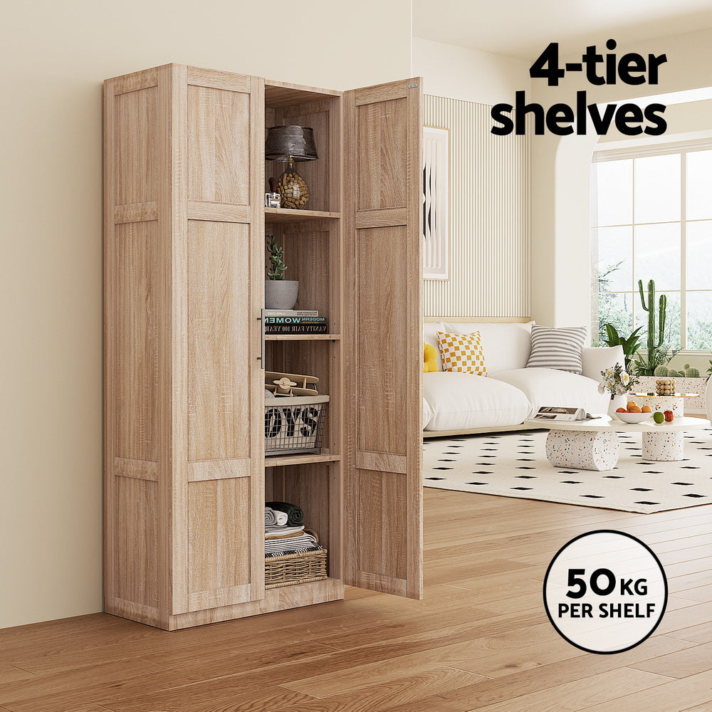 Tall cabinet with two doors, four-tier shelves, and 50kg-per-shelf label