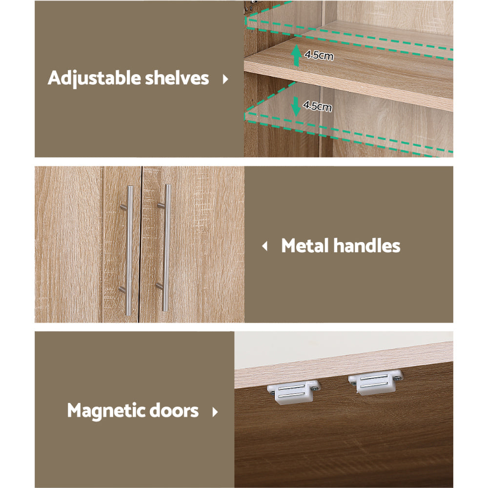 Adjustable shelving cabinet detail with metal handles and magnetic door closures