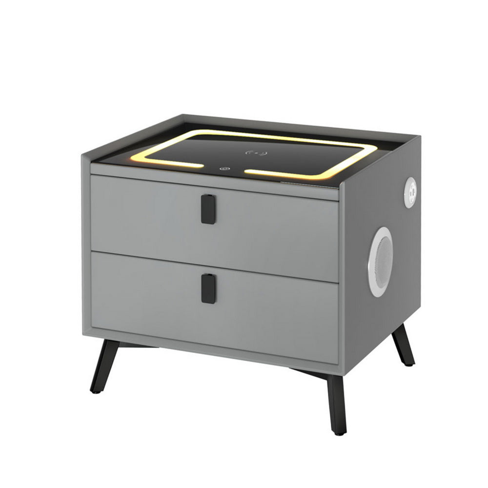 Grey bedside table with 2 drawers and lit wireless charging pad