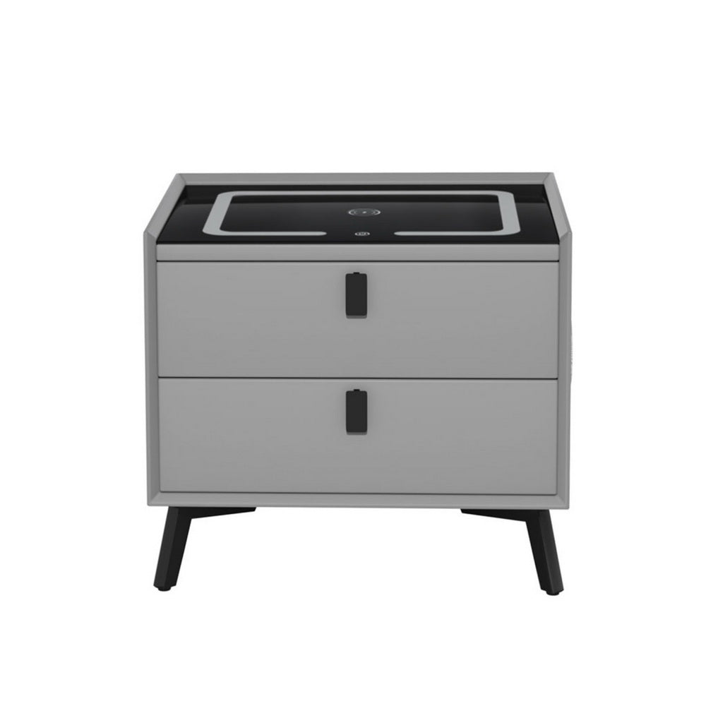 Grey bedside table with 2 drawers and wireless charging pad on top