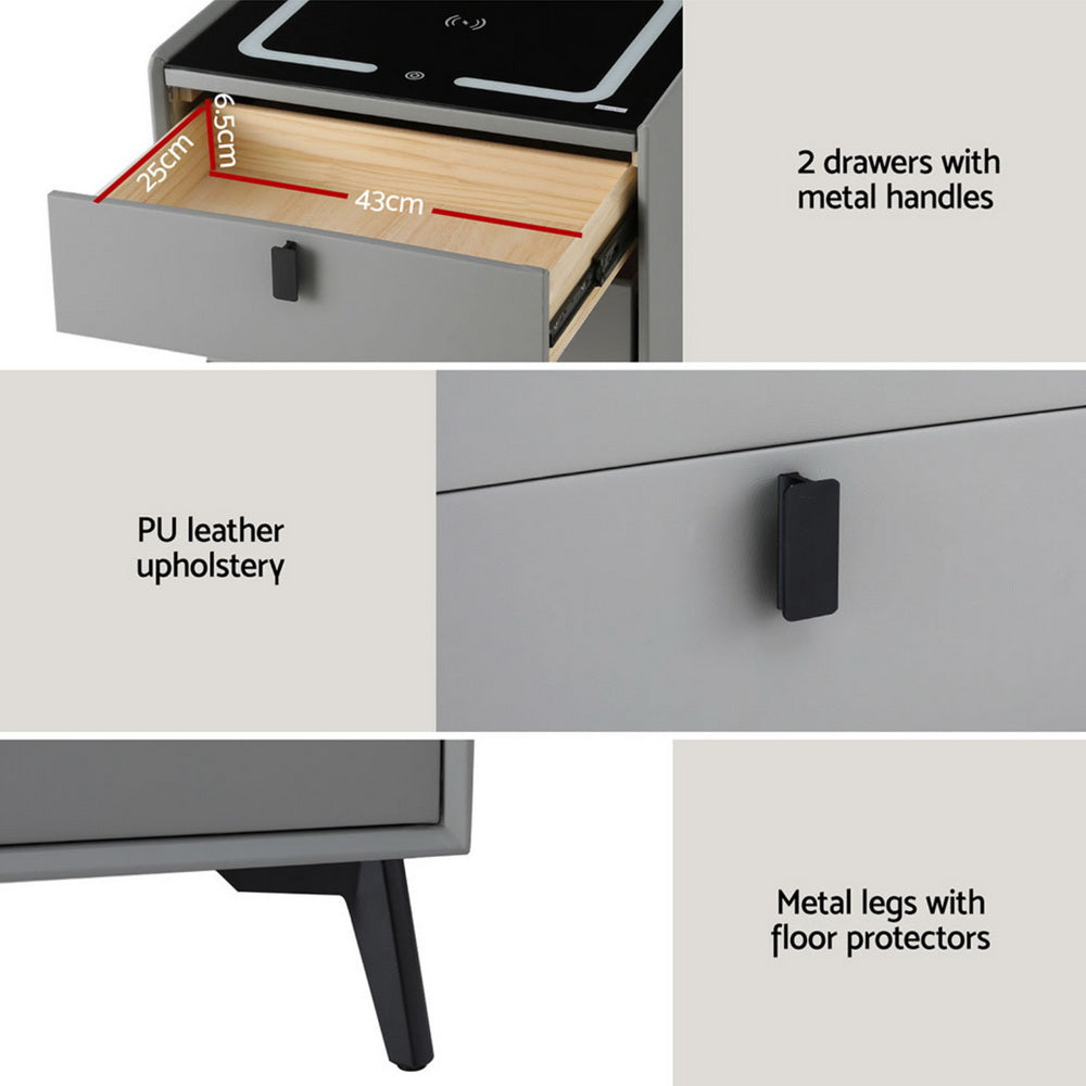 Grey bedside table with metal legs, 2 drawers with metal handles