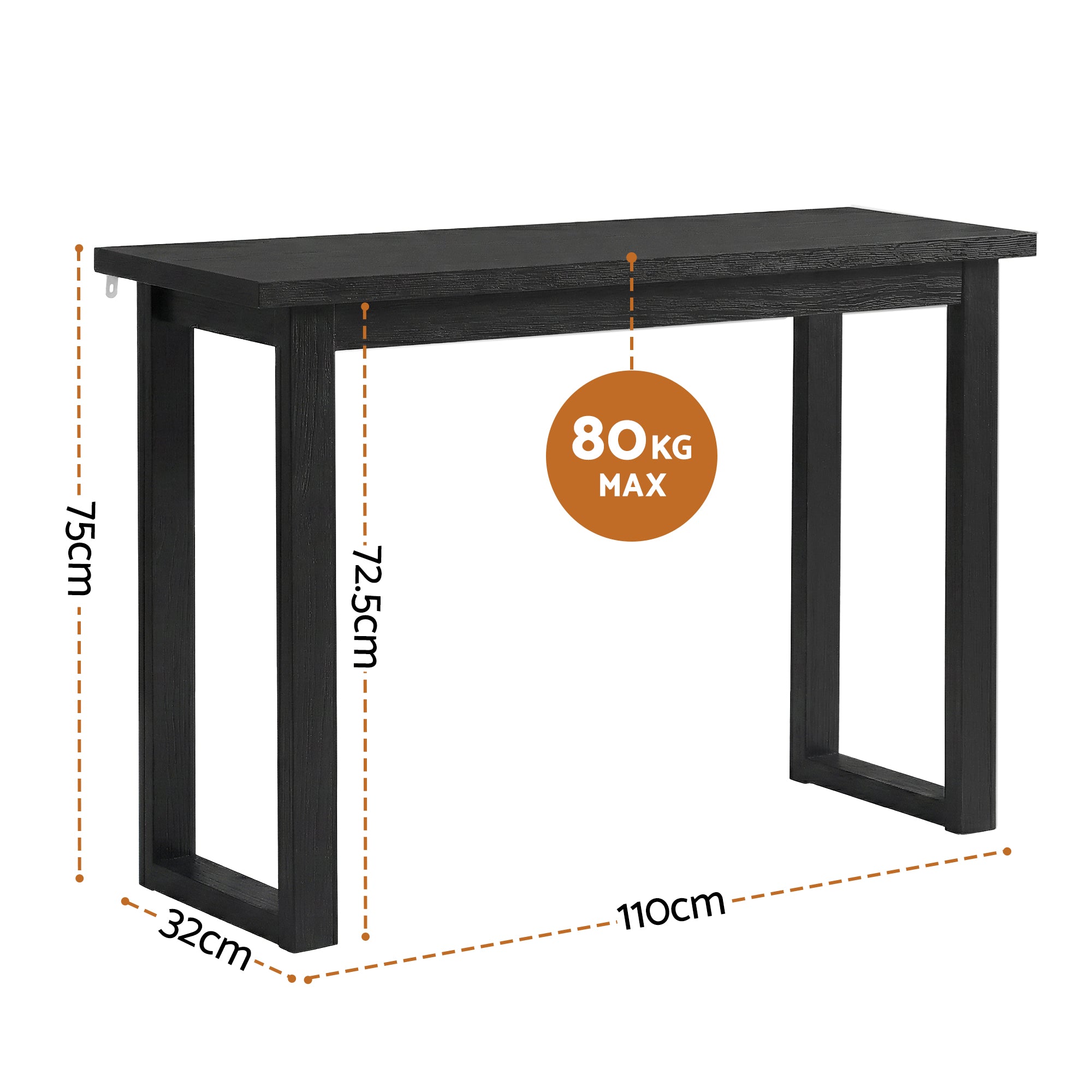 Black console table with 110cm length, 75cm height, and 32cm depth.
