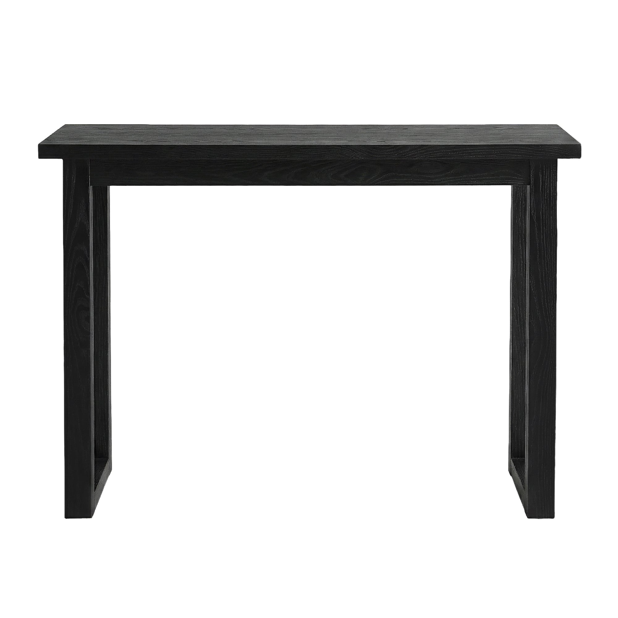 Black console table with rectangular legs and a wide flat tabletop.