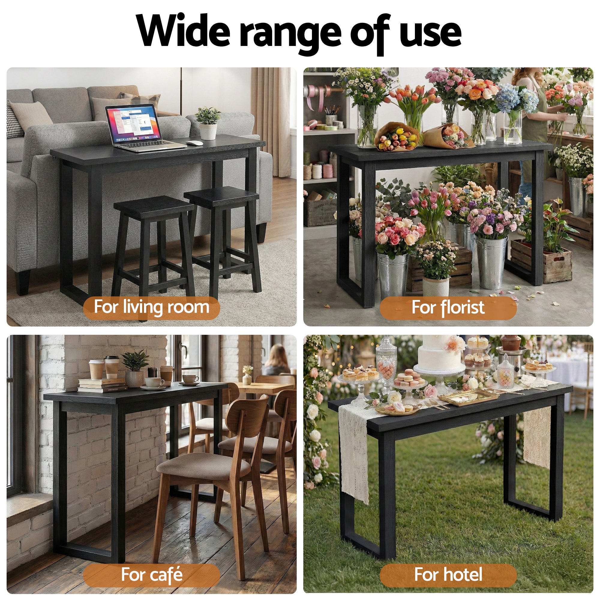 Black console table styled for living room, florist, cafe, and hotel use.
