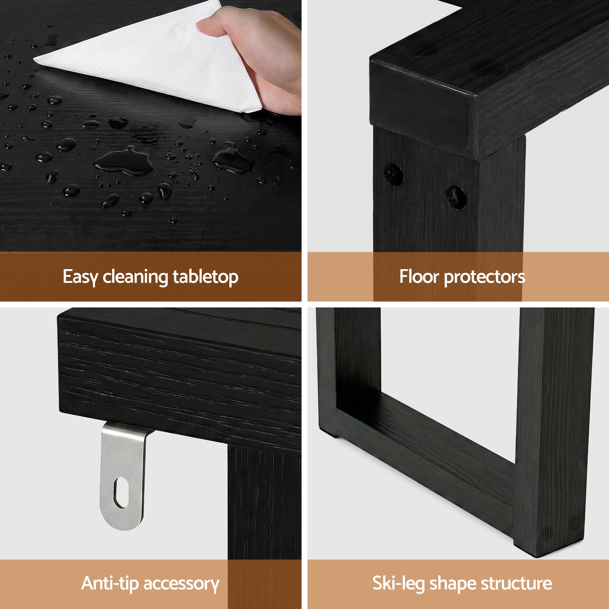 Black console table with water-resistant top and floor-protecting leg bases.